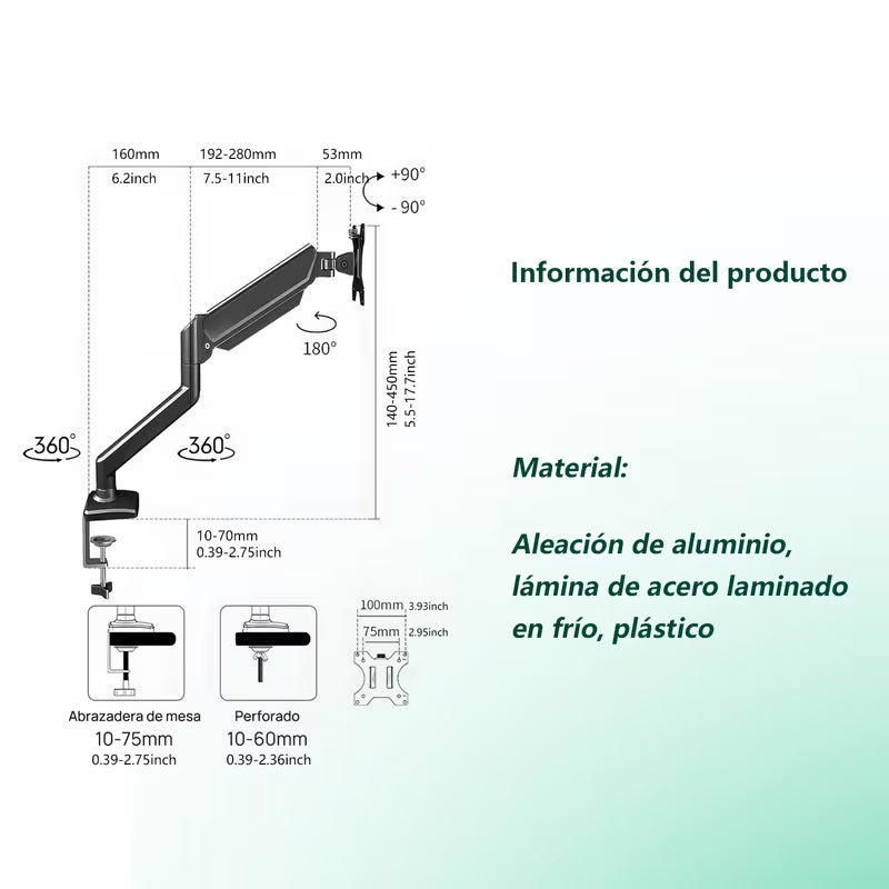 Brazo de monitor articulado compatible carga máxima de 12 kg/26,4 lb, compatible con pantallas planas/curvas de 17 a 32 pulgadas