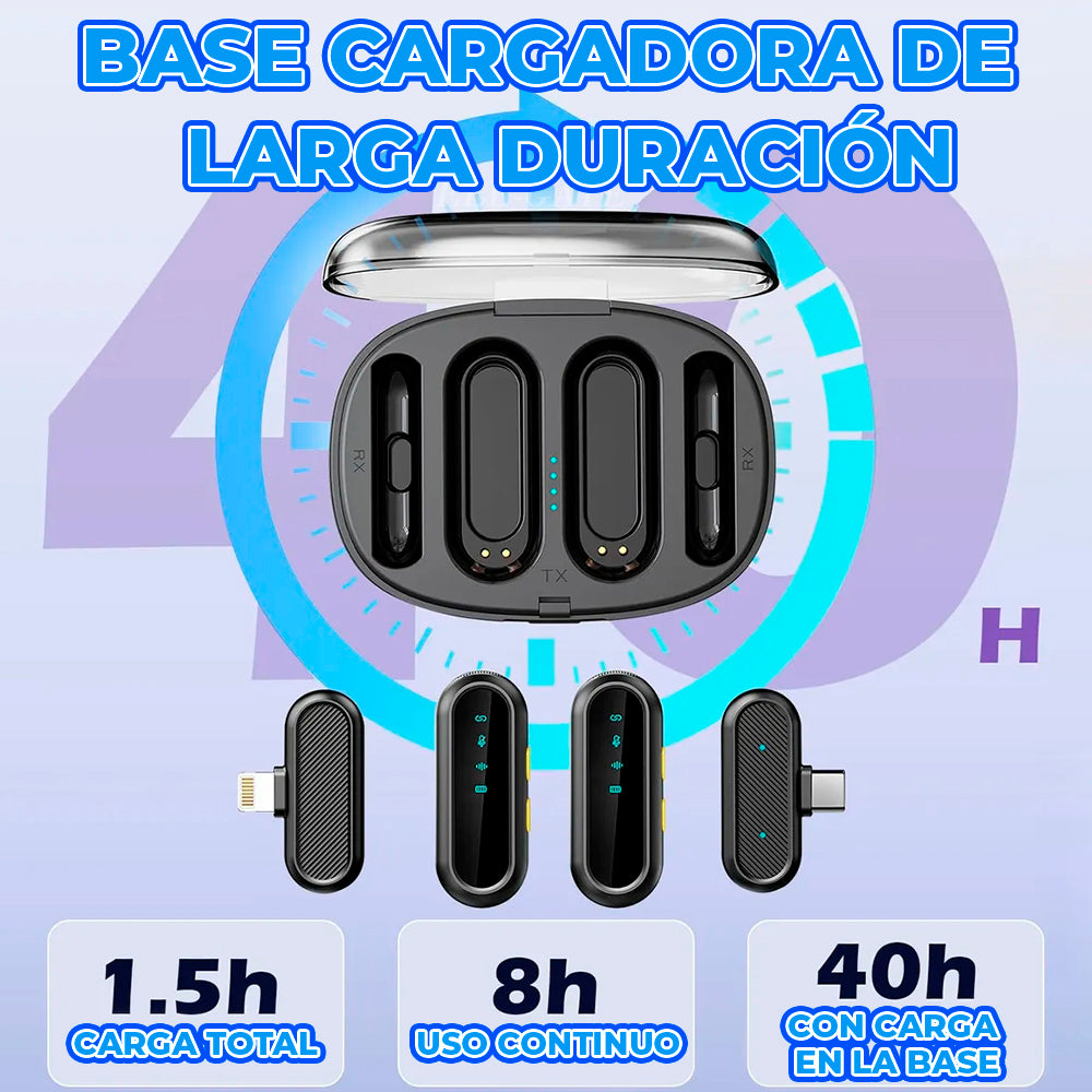 Juego de Micrófonos Lavalier Inalámbricos Duales con Base de Carga Rápida