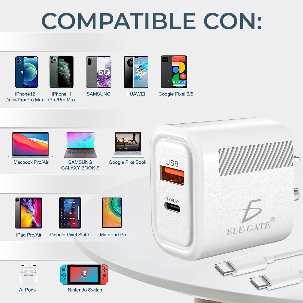 Cargador de pared USB 2 en 1 para USB tipo C y de alta velocidad con calidad de carga rápida
