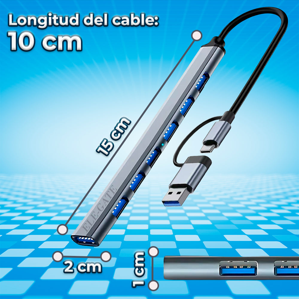 Multi Puerto 7 en 1 con Entrada USB-C y Adaptador USB 3.0 – Expansión Versátil y Conexiones de Alta Velocidad