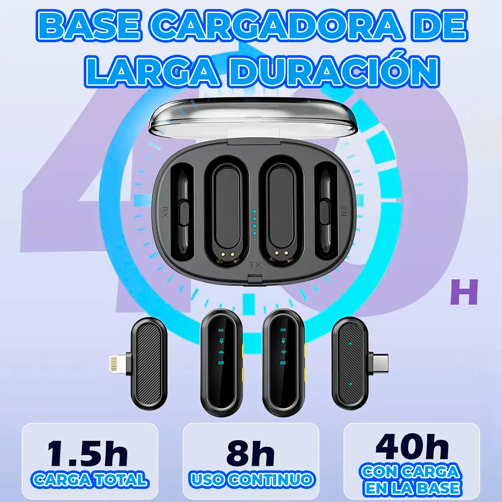 Juego de Micrófonos Lavalier Inalámbricos Duales con Base de Carga Rápida