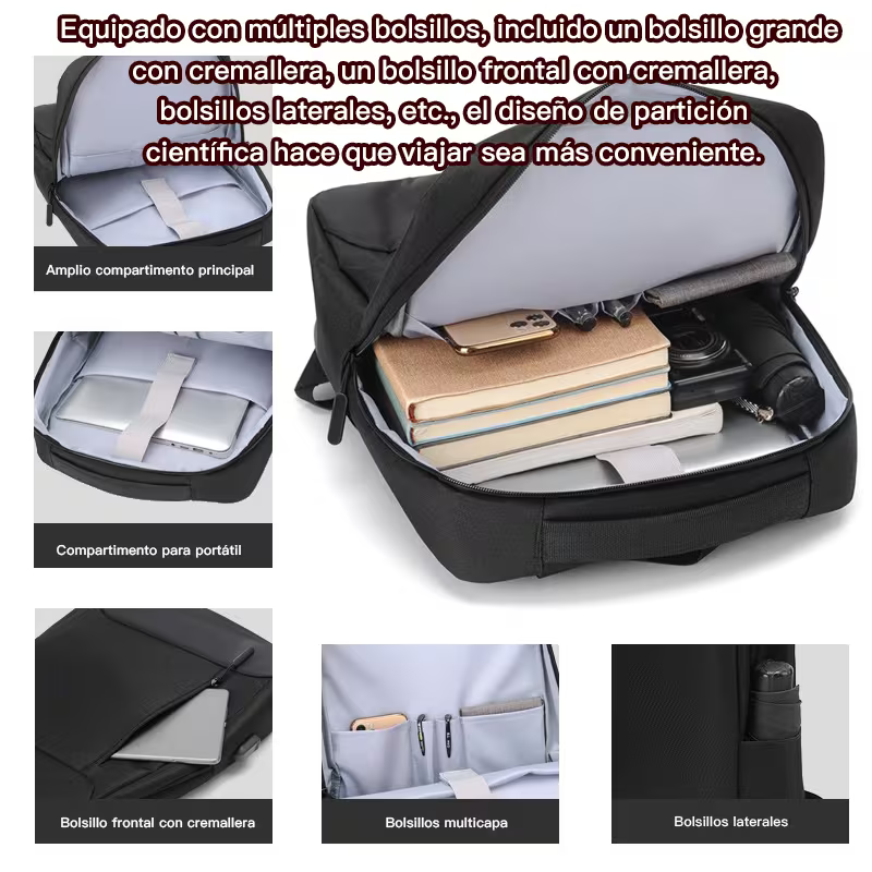 Mochila de alta capacidad con correas ajustables con un puerto USB externo Negra