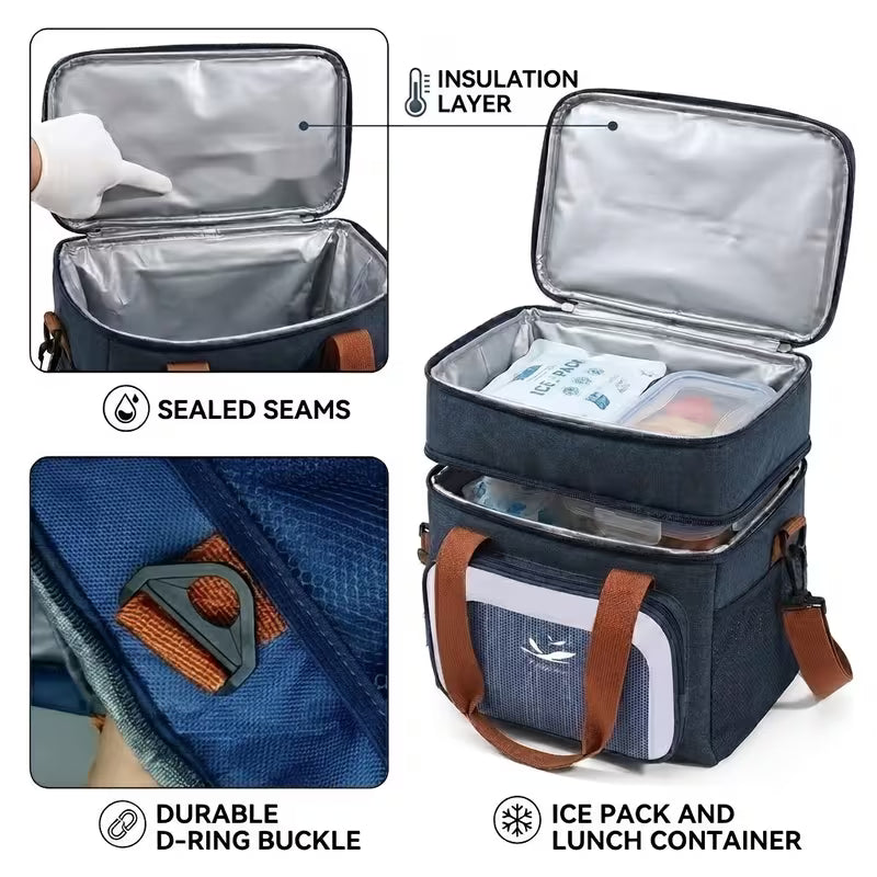 Lonchera Térmica Grande Doble Capa con Correa Ajustable, Bolsa Aislante Impermeable para Comida