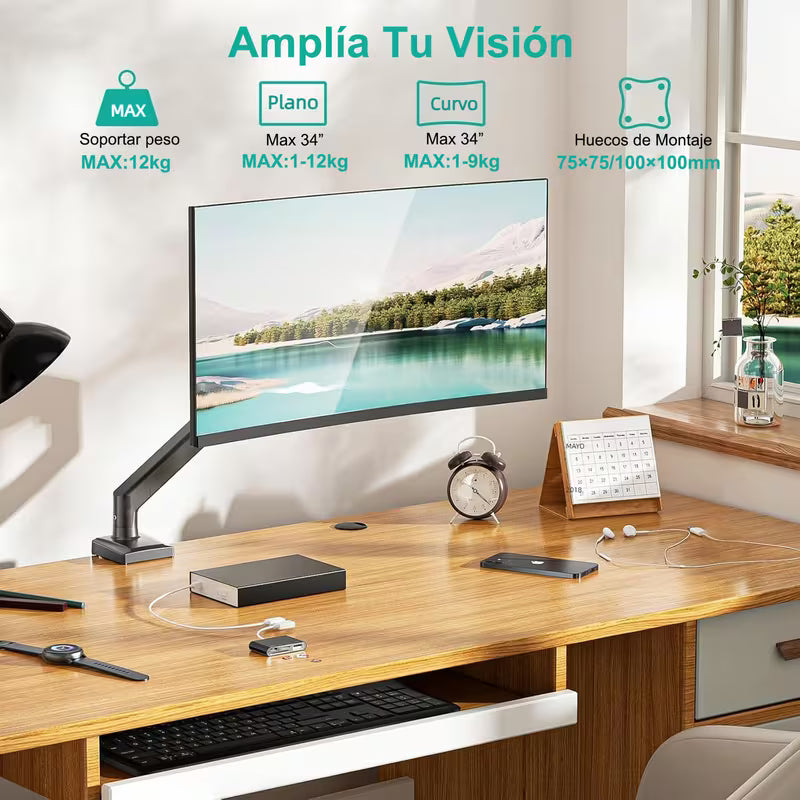 Brazo de monitor articulado compatible carga máxima de 12 kg/26,4 lb, compatible con pantallas planas/curvas de 17 a 32 pulgadas