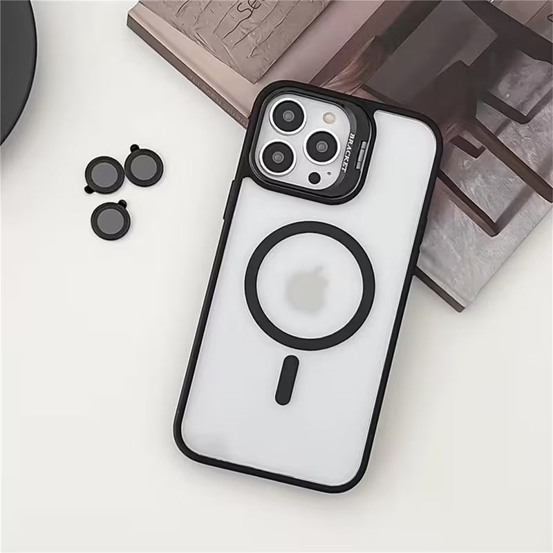 Funda magnética con protección a prueba de golpes para iPhone 15 con soporte Magsafe, protección de lente de vidrio y cubierta trasera.