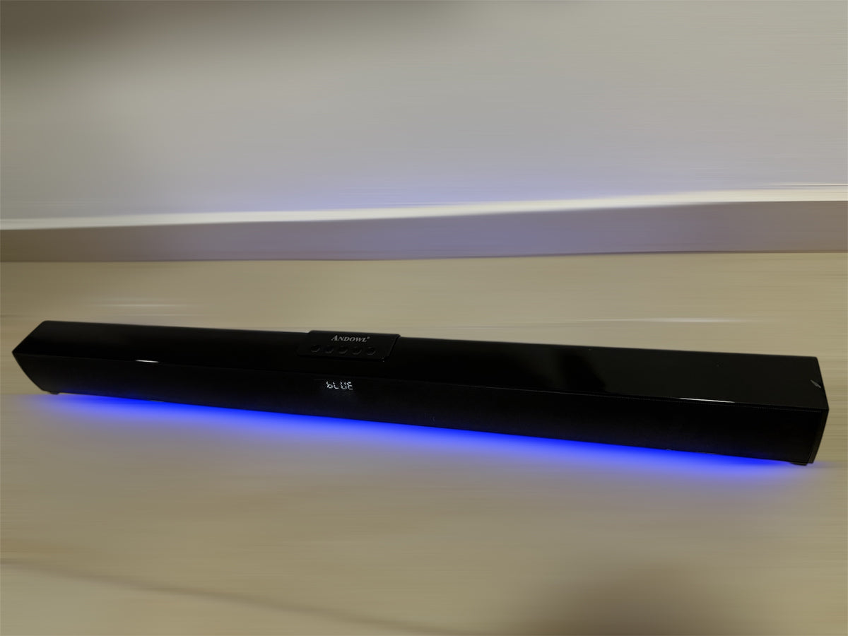Barra de sonido inalámbrico de 100W con luces RGB y graves profundos Interfaces USB y AUX Control remoto para sistemas de audio