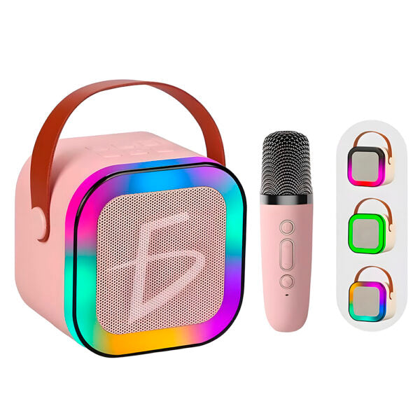 Bocina con micrófono bluetooth RGB carga tipo C y 4 efectos de voz Rosa
