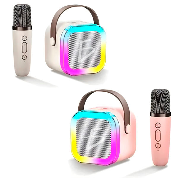 Bocina con micrófono bluetooth RGB carga tipo C y 4 efectos de voz Rosa