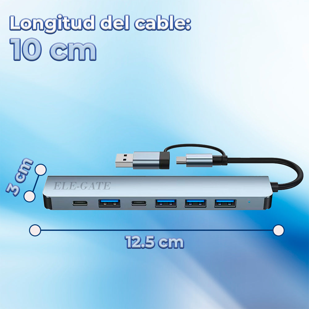 Estación con 7 puertos 2USB C Hub 1 USB 3.0 3 USB 2 y 1 USB C/DC con salida tipo C con adaptador USB