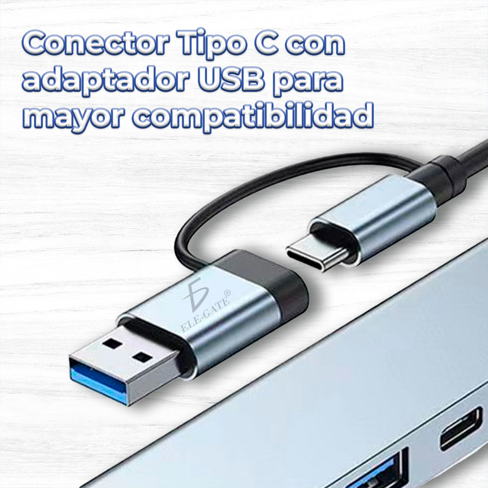 Estación con 7 puertos 2USB C Hub 1 USB 3.0 3 USB 2 y 1 USB C/DC con salida tipo C con adaptador USB