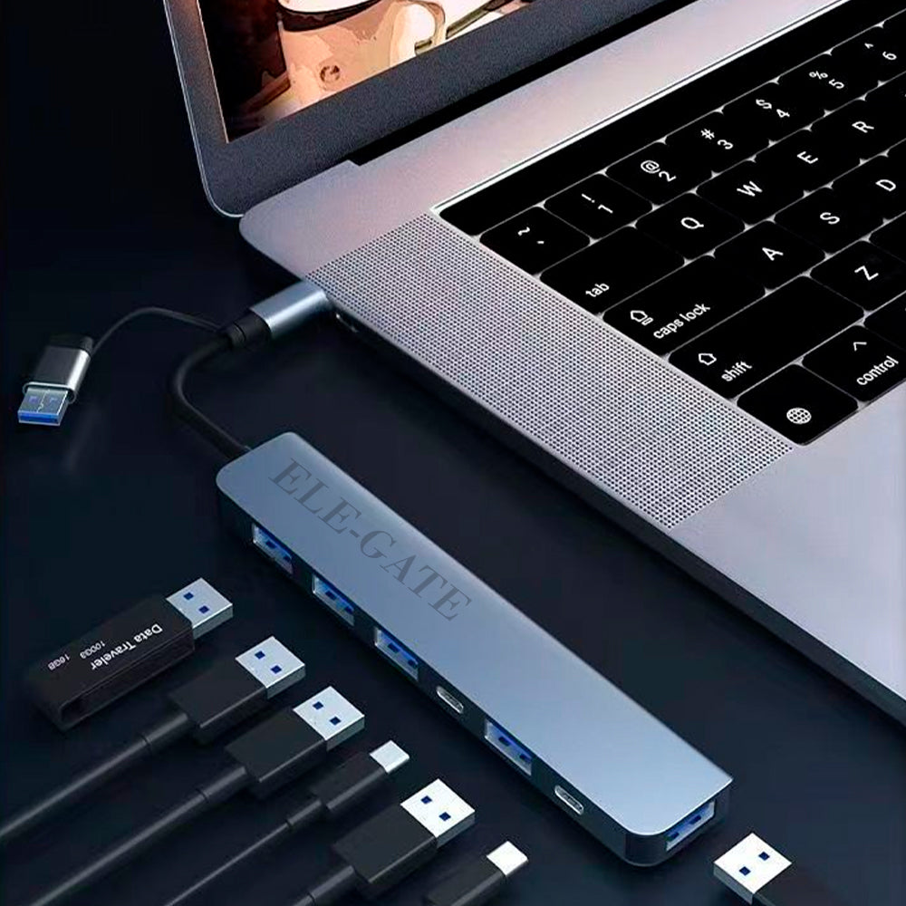 Estación con 7 puertos 2USB C Hub 1 USB 3.0 3 USB 2 y 1 USB C/DC con salida tipo C con adaptador USB