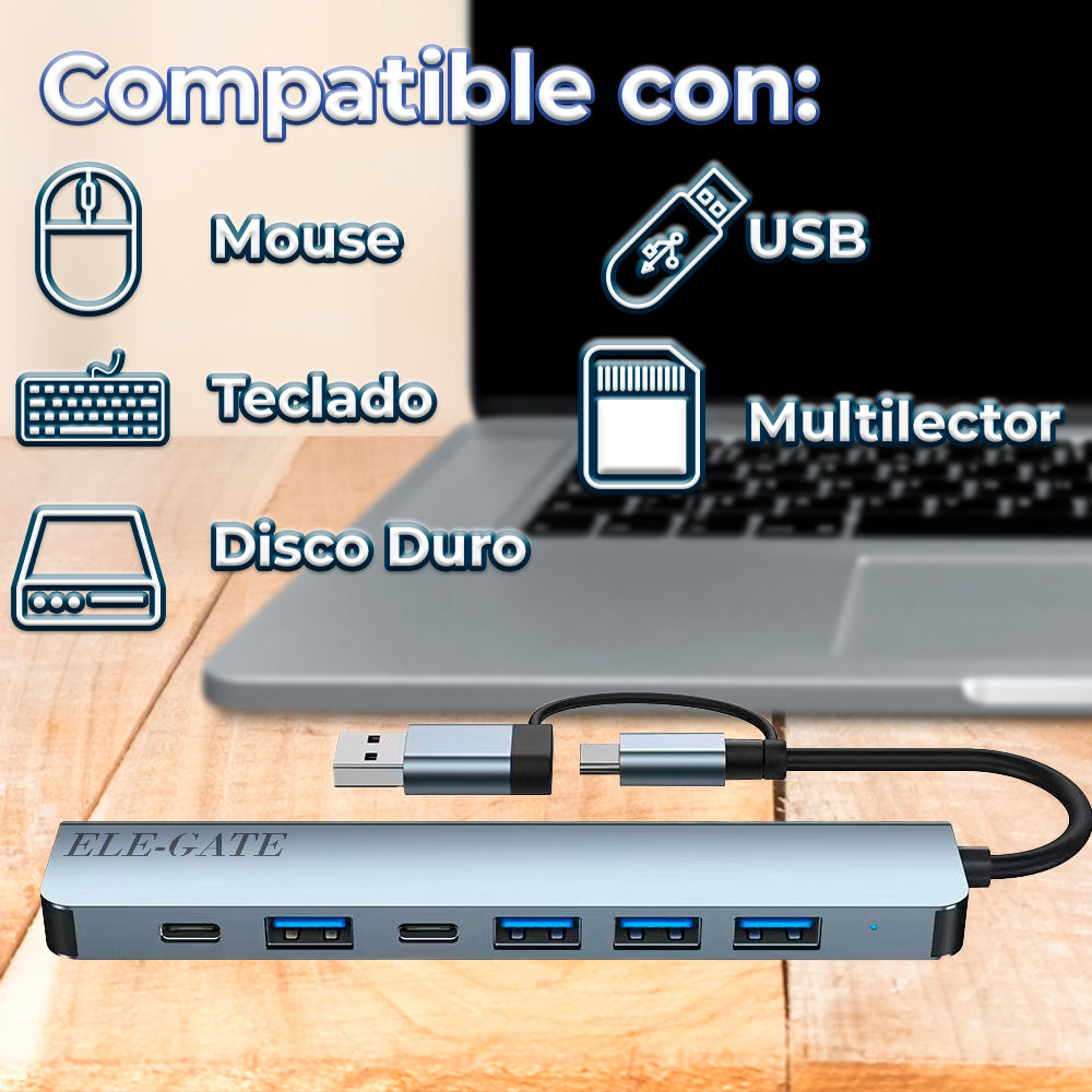 Estación con 7 puertos 2USB C Hub 1 USB 3.0 3 USB 2 y 1 USB C/DC con salida tipo C con adaptador USB