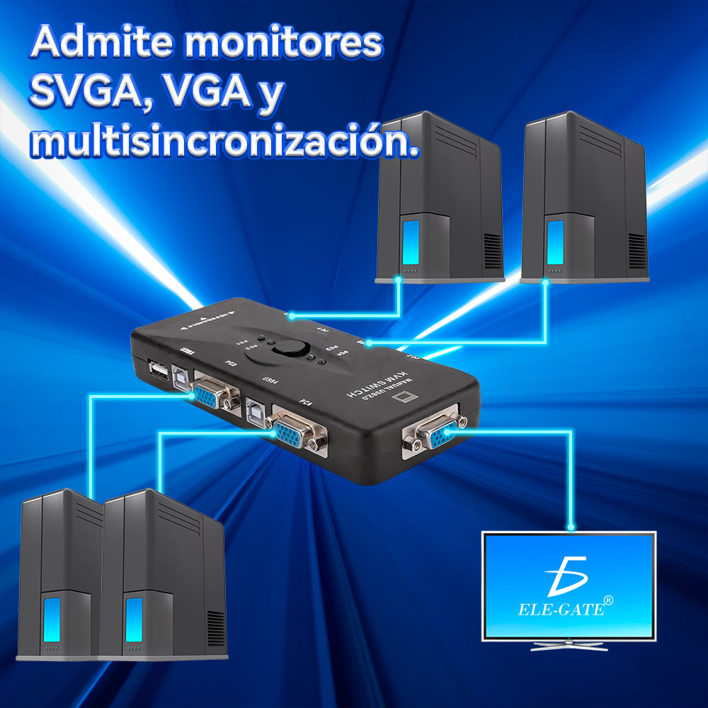 Switch KVM de 4 Puertos USB VGA– Controla 4 PCs con un Solo Monitor, Teclado y Ratón Resolución 1920×1440
