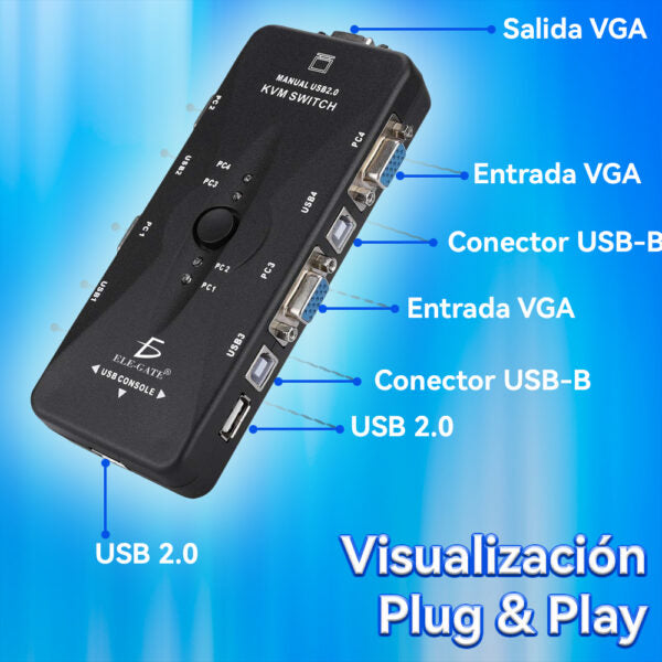 Switch KVM de 4 Puertos USB VGA– Controla 4 PCs con un Solo Monitor, Teclado y Ratón Resolución 1920×1440