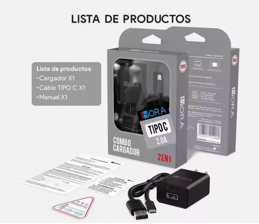 Cargador USB Tipo C Rápido 2 en 1 de 1 Hora, 1 m, 10 W