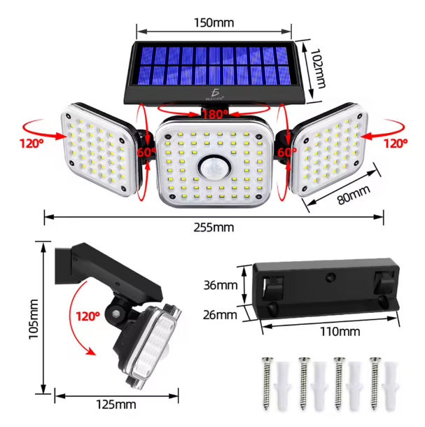 Lámpara solar 3 cabezales y sensor de movimiento para exteriores