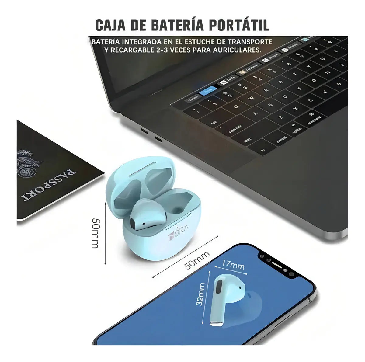 Audifonos inalambricos 1Hora color azul 5H con una carga 17H con estuche