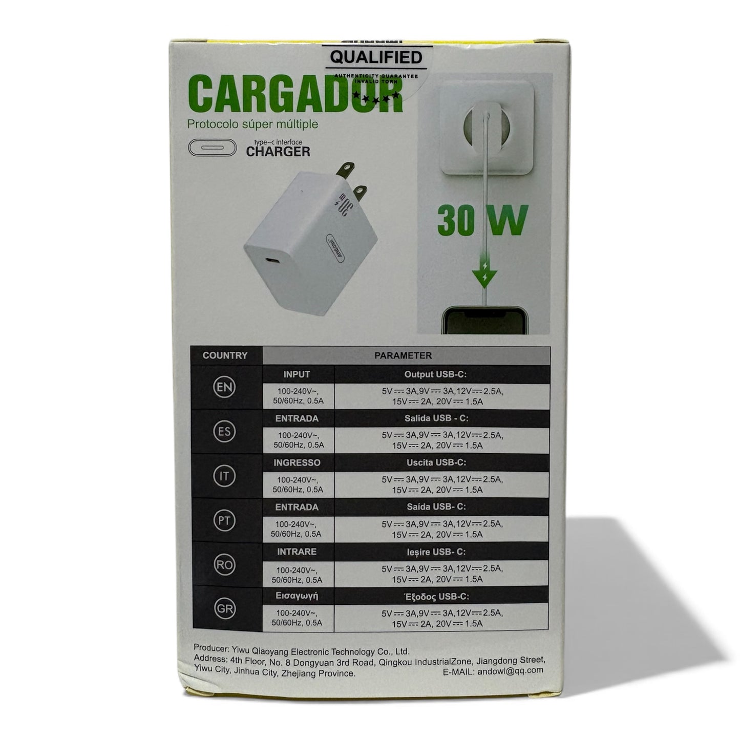 Kit de carga tipo C 30W cubo y cable de datos