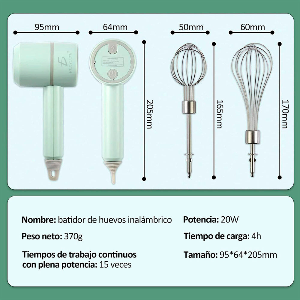 Batidora de mano inalámbrica recargable 3 velocidades ajustables