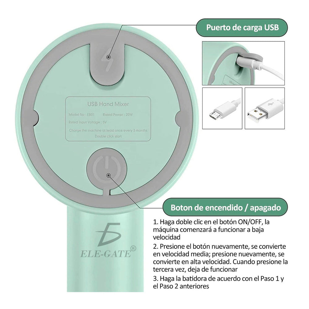 Batidora de mano inalámbrica recargable 3 velocidades ajustables