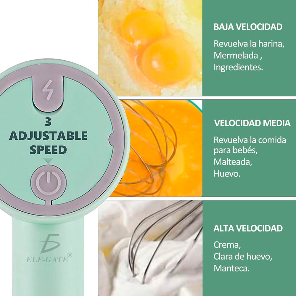 Batidora de mano inalámbrica recargable 3 velocidades ajustables