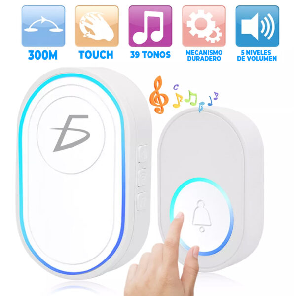 Timbre inalámbrico con 39 tonos y 5 niveles de volumen con boton touch a prueba de agua con luz RGB