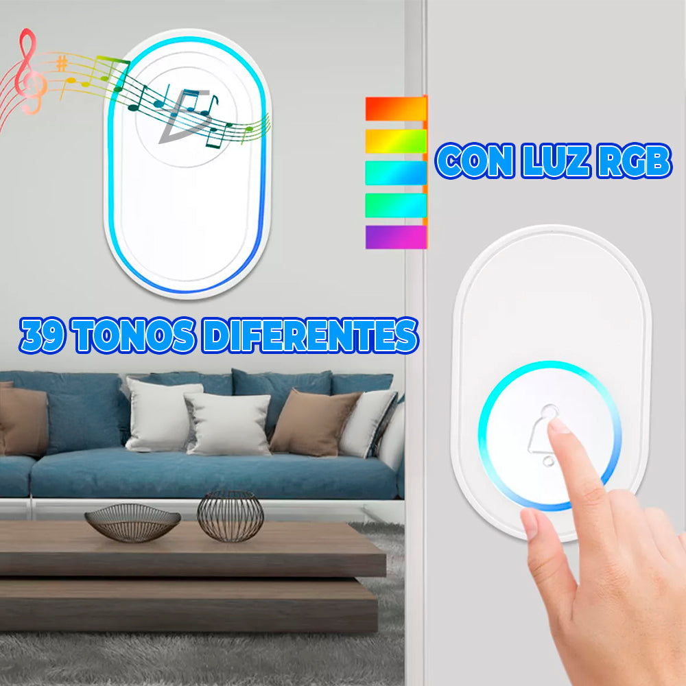 Timbre inalámbrico con 39 tonos y 5 niveles de volumen con boton touch a prueba de agua con luz RGB