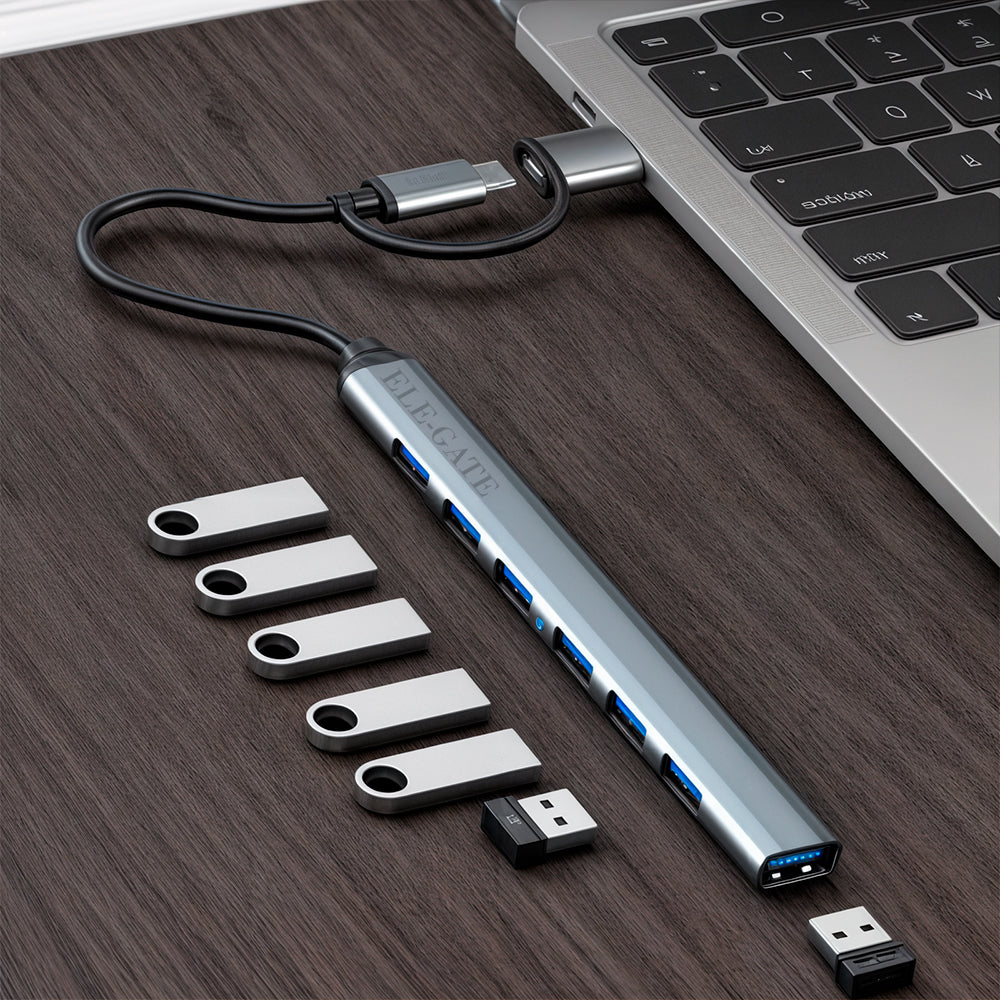 Multi Puerto 7 en 1 con Entrada USB-C y Adaptador USB 3.0 – Expansión Versátil y Conexiones de Alta Velocidad