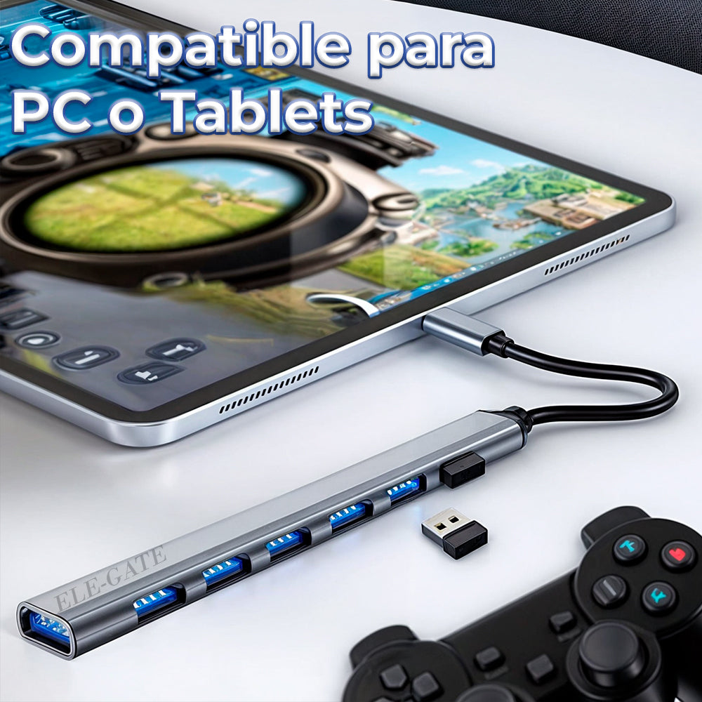 Multi Puerto 7 en 1 con Entrada USB-C y Adaptador USB 3.0 – Expansión Versátil y Conexiones de Alta Velocidad