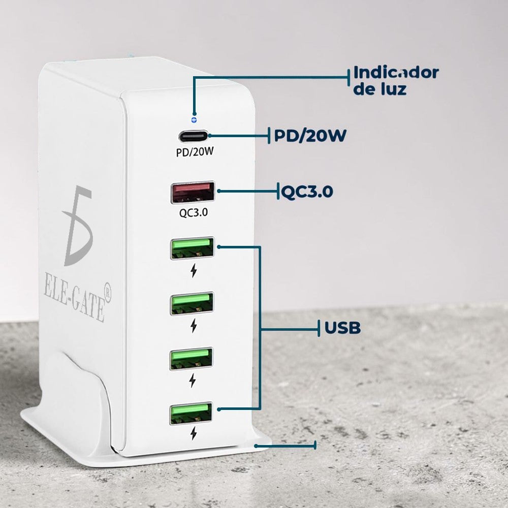 Cargador rápido de escritorio de 6 puertos de 120W