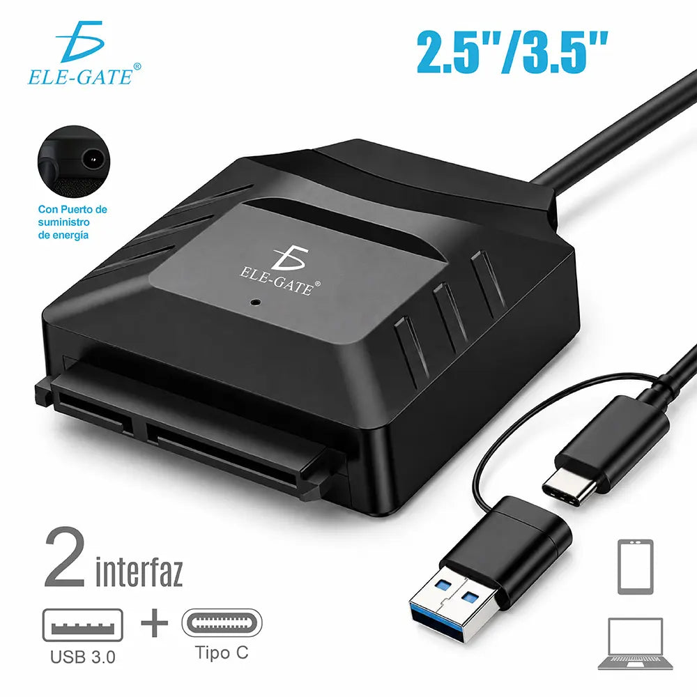 Adaptador USB 3.0 a SATA22 pines con Fuente de Alimentación 12V – Para HDD/SSD 2.5” y HDD 3.5”