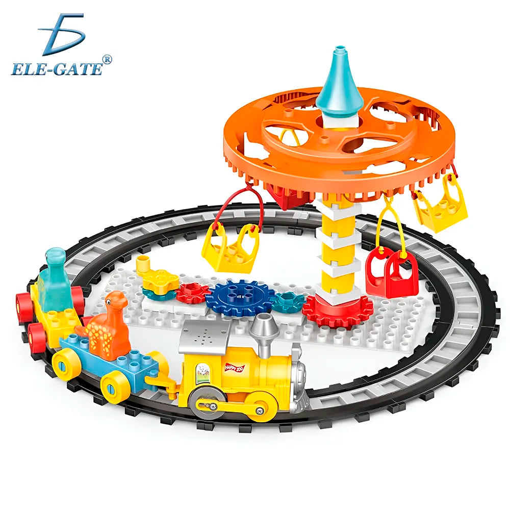 Set de blocks tren con pistola circular y carrusel de sillas voladoras