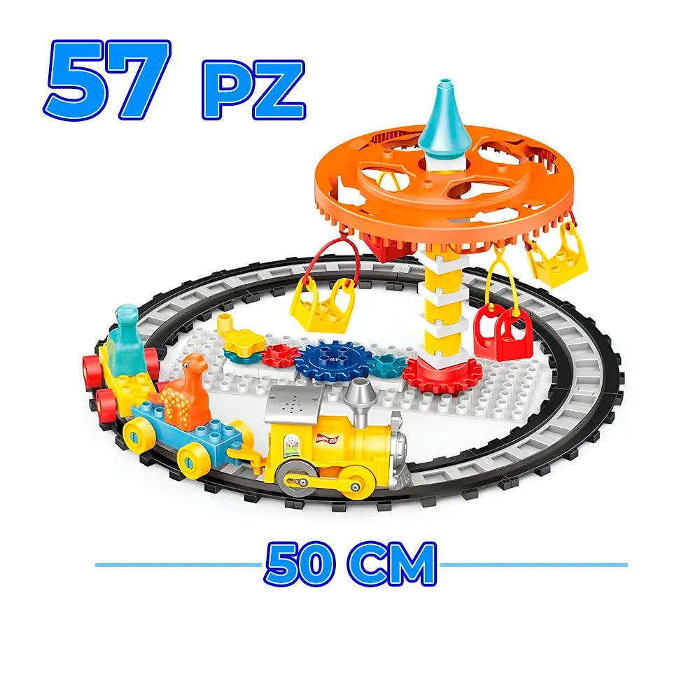Set de blocks tren con pistola circular y carrusel de sillas voladoras