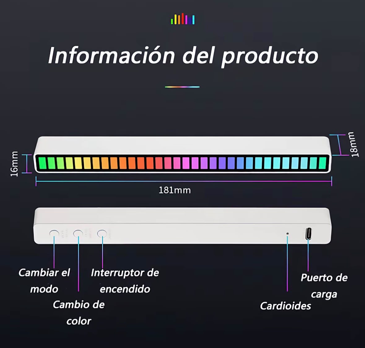 Barra Ritmica LED RGB Luces Ambiental Reactiva al Sonido Playbox LED89