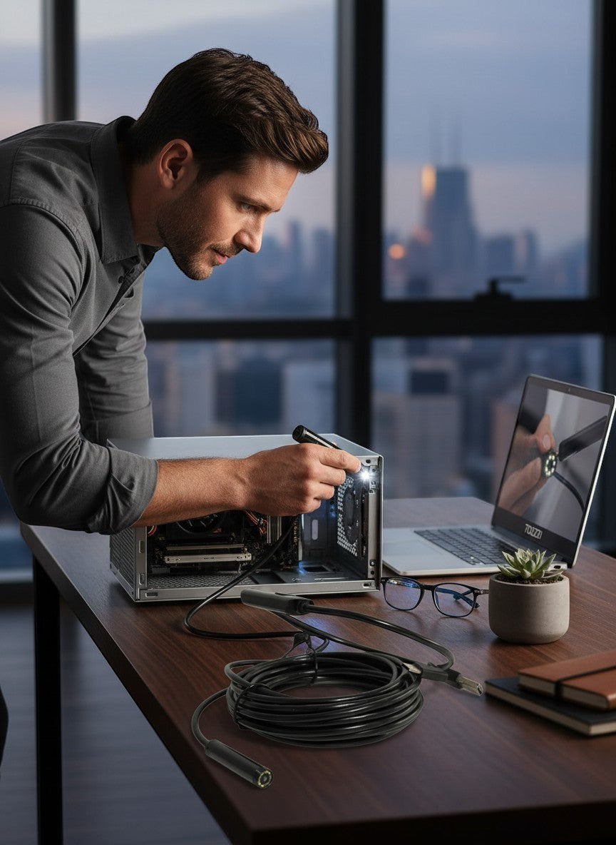 Todozzi USB endoscope with 8mm lens and 8 LEDs inspecting computer internals. Features IP67 waterproofing.